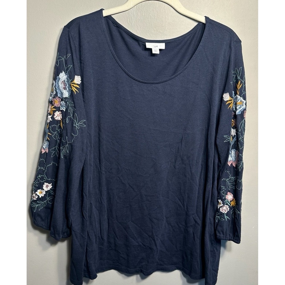 J. Jill Women's Floral Embroidered Sleeve Cotton Boho Tunic Top Size L